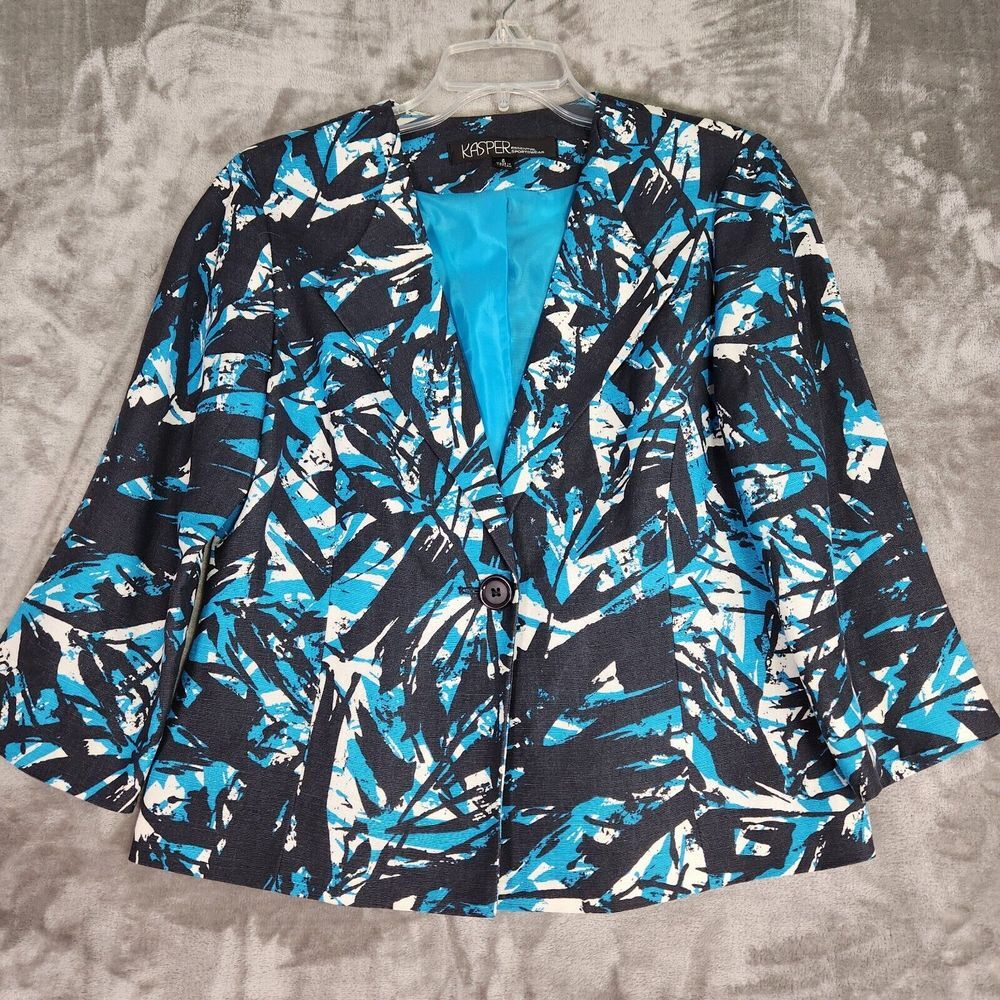 Kasper Womens Blazer Jacket 6 Blue Black Abstract Linen Blend Button Office